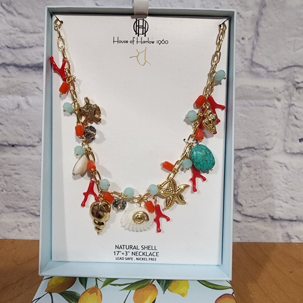 House of Harlow 1960 Coastal Shell Pearl Gold Charm Necklace Beach Viral